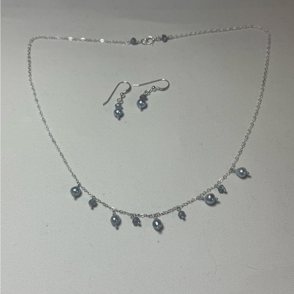 Silver Pearl Drop Necklace and Earring Set